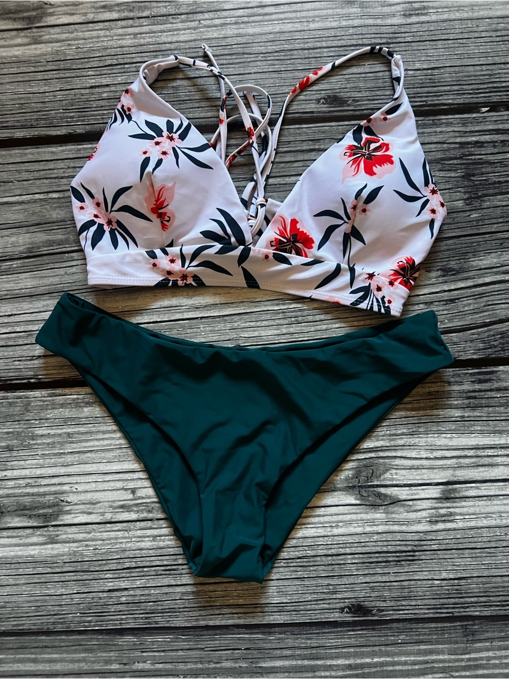 SHEIN Floral White & Green Two-Piece Bikini Set - Strappy Bralette Top
